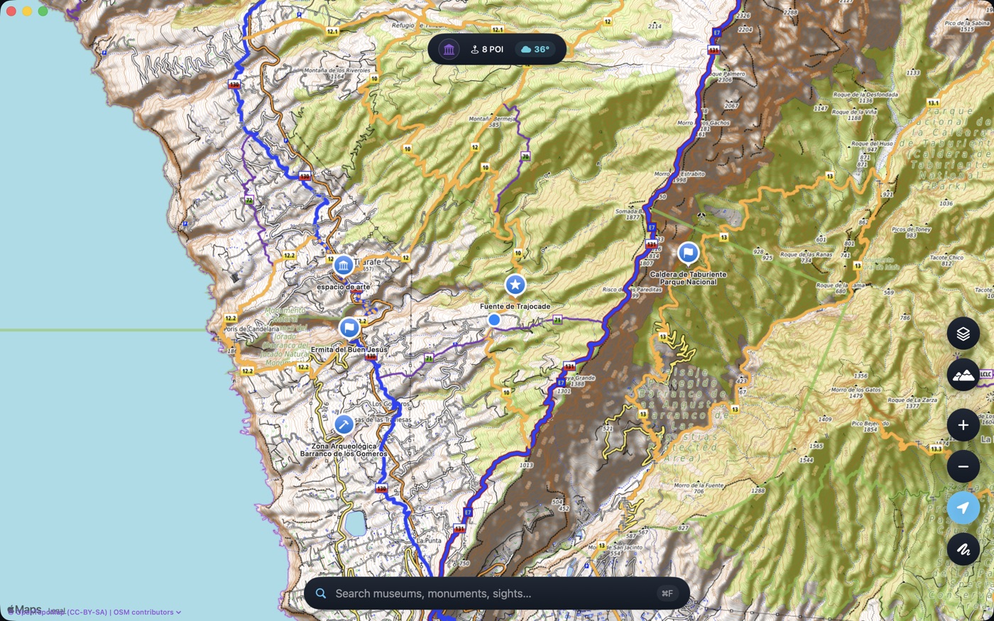 OpenMaps for Mac — full-screen topographic map with trails and POI markers