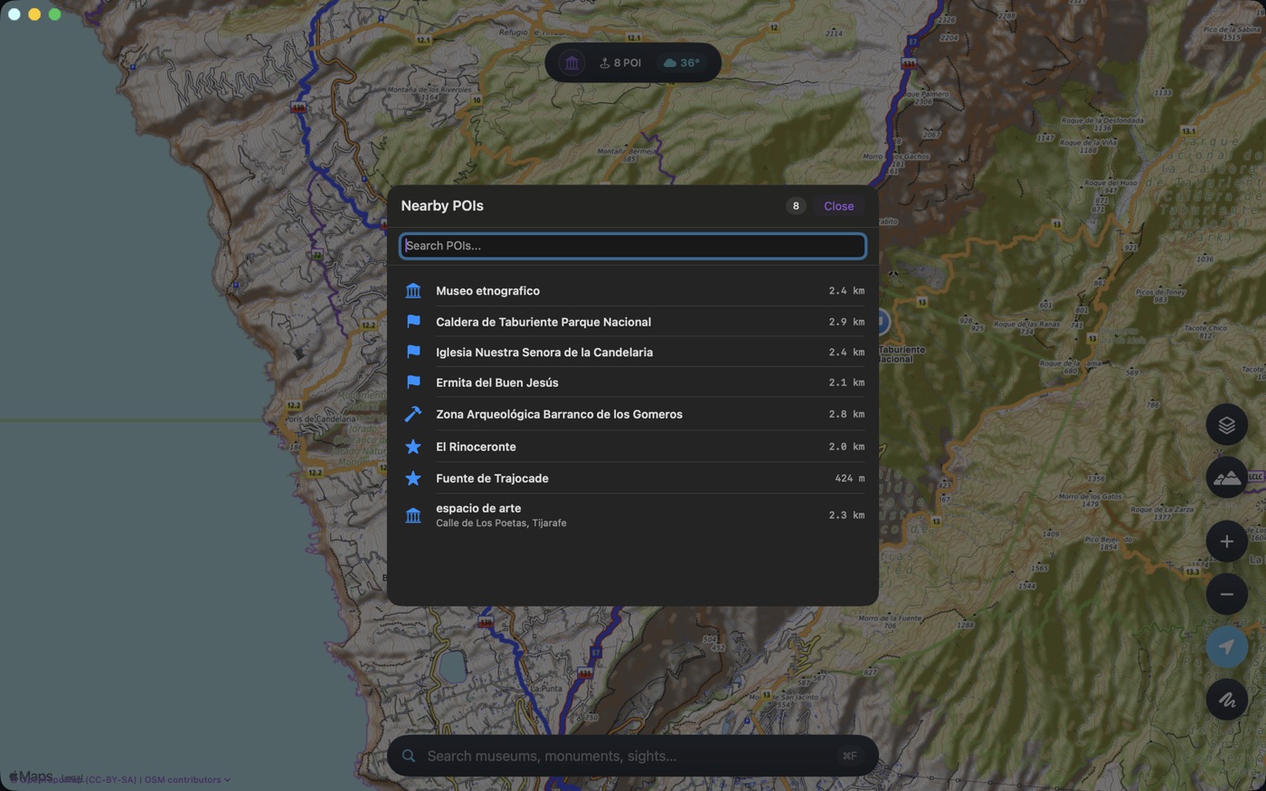 OpenMaps for Mac — nearby POI search with distances