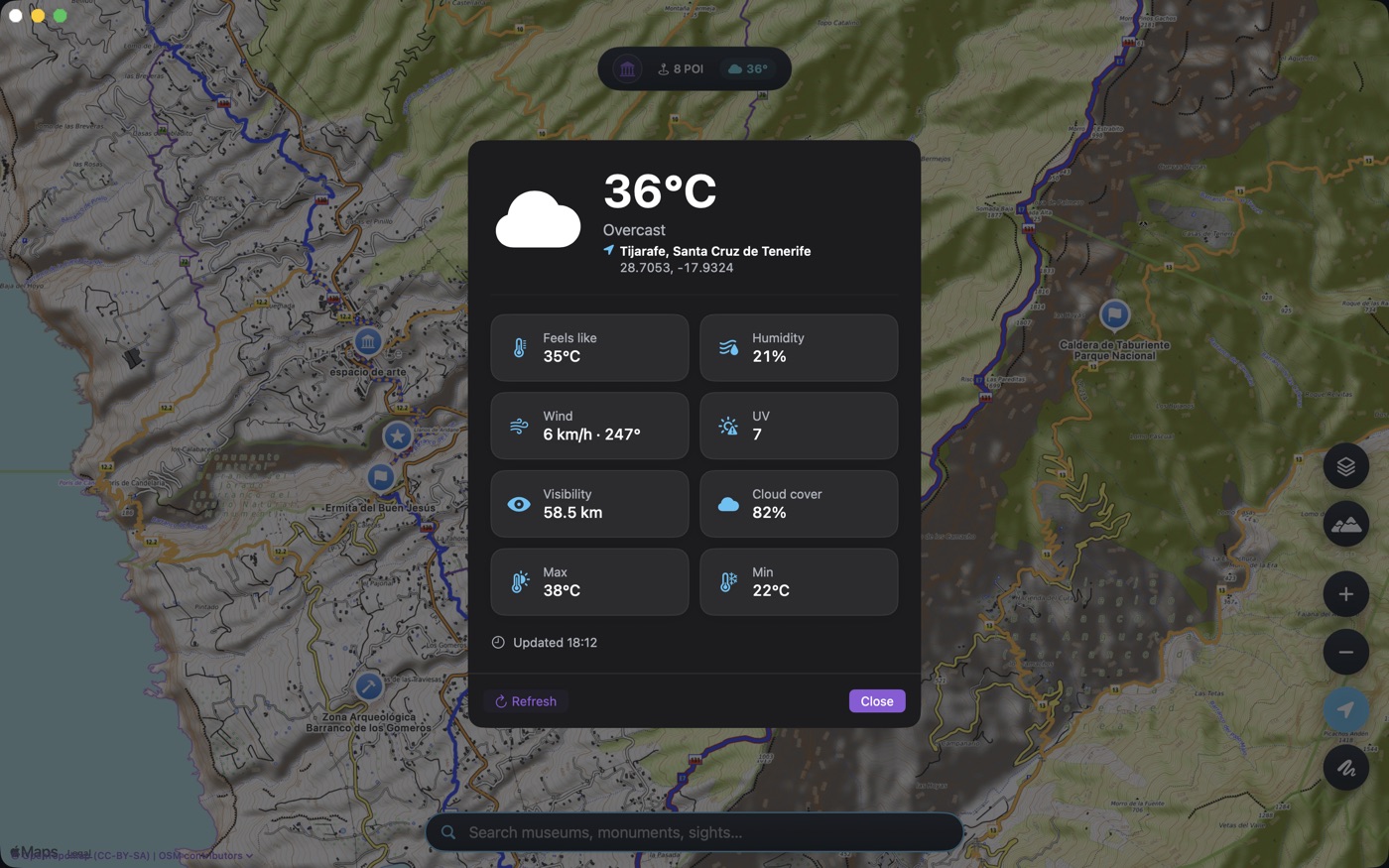 OpenMaps for Mac — live weather panel over the map