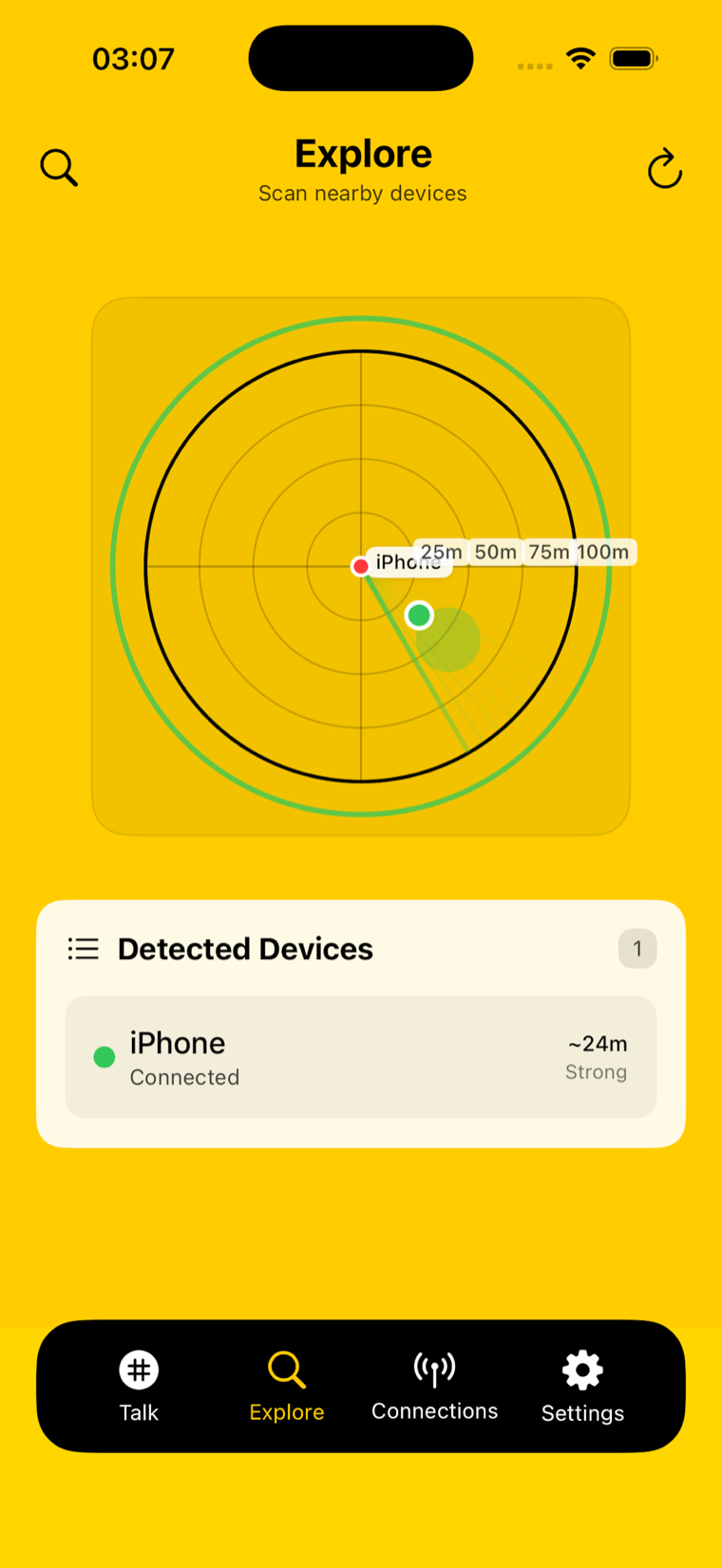 Talky sonar radar of nearby devices in range