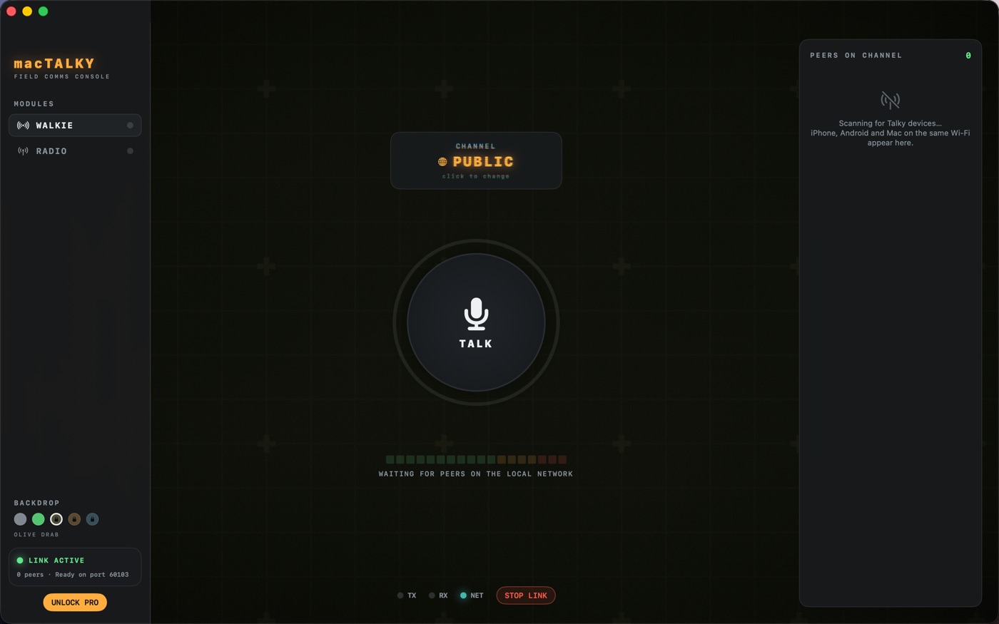 macTalky walkie module with olive backdrop theme
