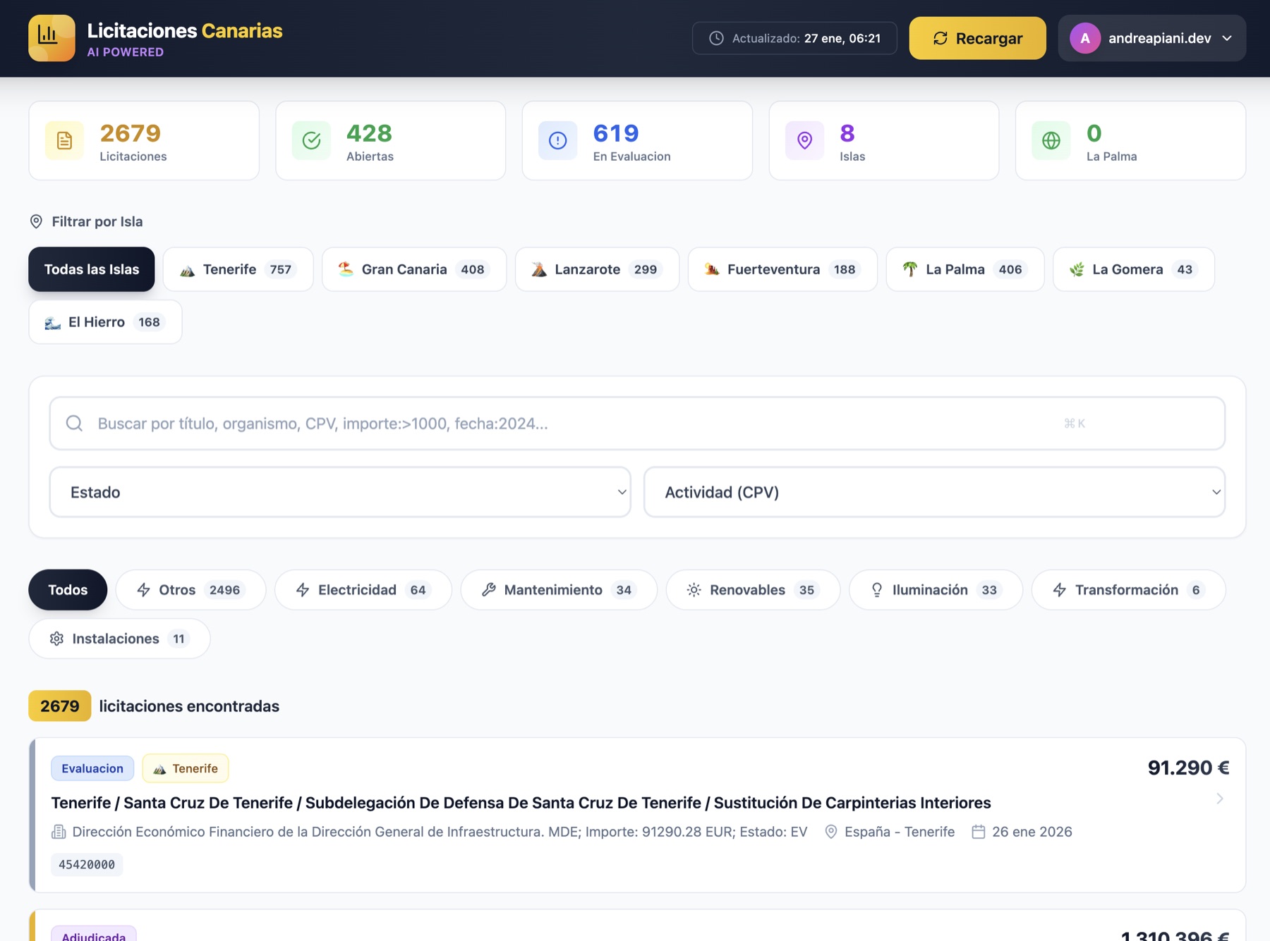 Licitaciones y Empleo Canarias: tender search with filters by island and sector