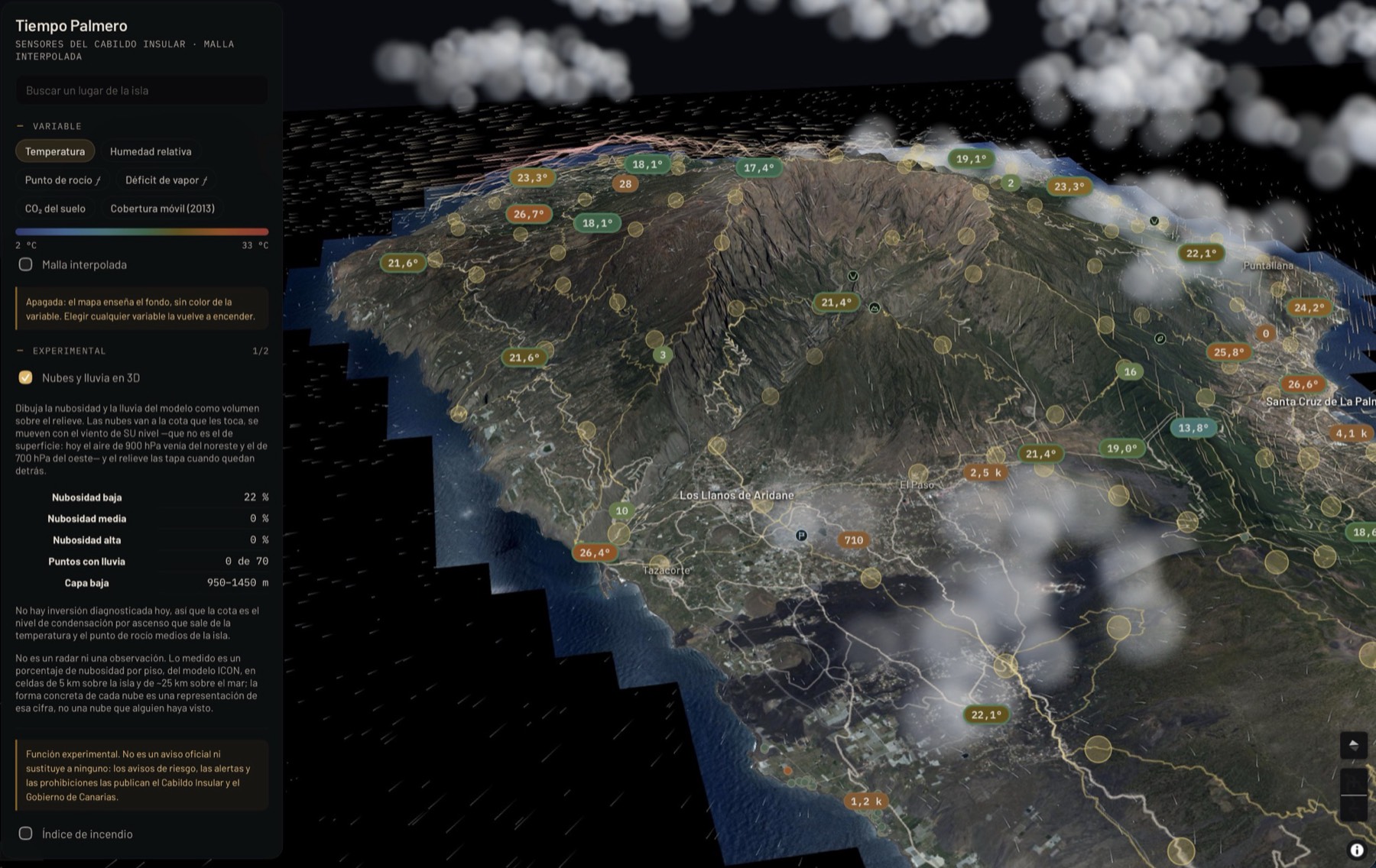 Tiempo Palmero: nubes y lluvia sobre el relieve de la isla